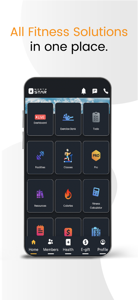 North Star Fitness - North Star Fitness mobile app dashboard displaying health and fitness features like exercise bank calorie tracking and medical reports