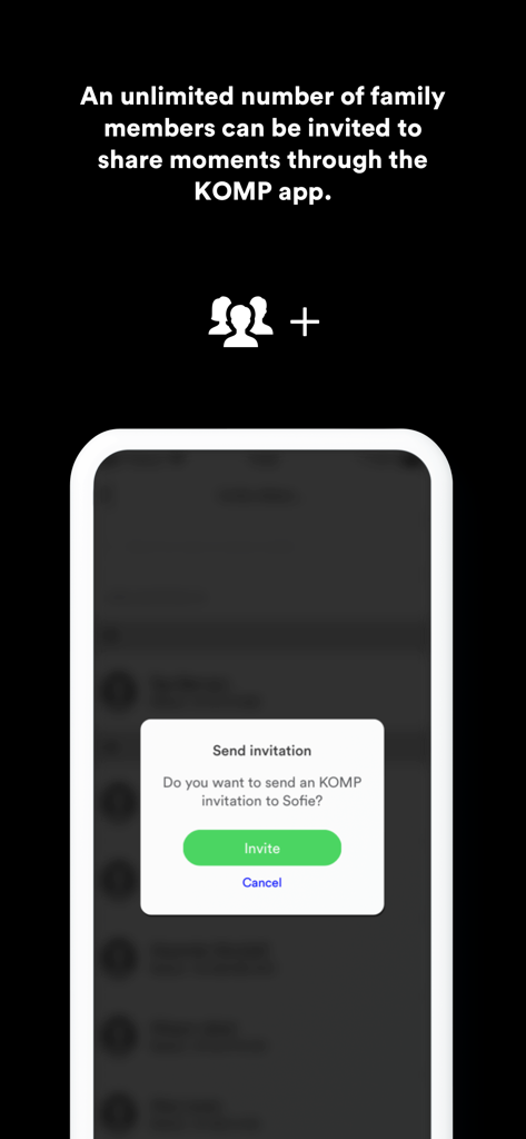 Komp - 瞬間を共有するために家族を招待するプロンプトを示すKompアプリのスクリーンショット