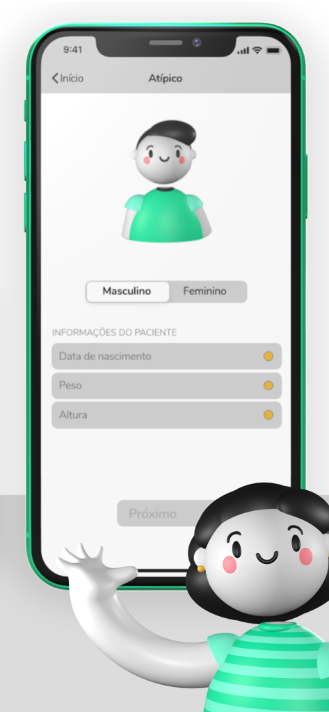 Graphi - Uma tela do aplicativo Graphi mostrando a configuração de perfil de uma criança com campos para gênero, data de nascimento, peso e altura.