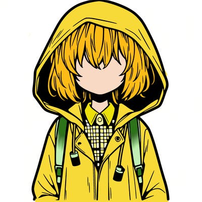 little anime girl in a raincoat her hair is covering her eyes she has a lighter