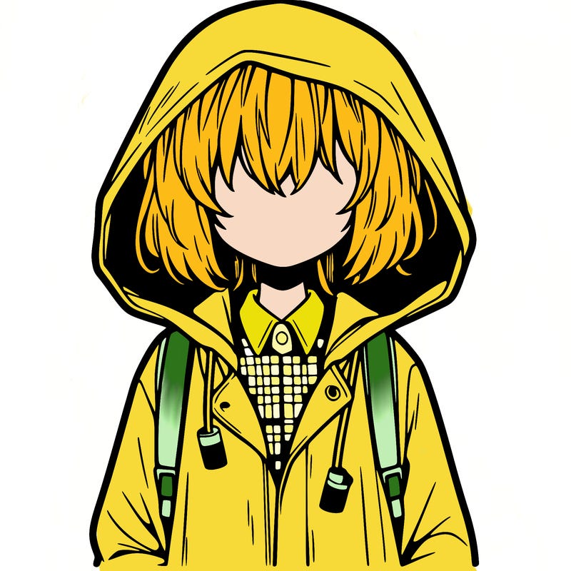 little anime girl in a raincoat her hair is covering her eyes she has a lighter