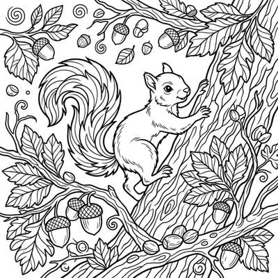Discover the charm of nature with this exquisite squirrel coloring page, showcasing a lively rodent scaling a tree amidst autumn leaves and acorns. This detailed design offers a delightful and engaging artistic escape for colorists of all ages.