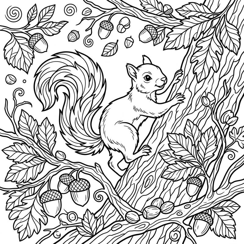 Discover the charm of nature with this exquisite squirrel coloring page, showcasing a lively rodent scaling a tree amidst autumn leaves and acorns. This detailed design offers a delightful and engaging artistic escape for colorists of all ages.