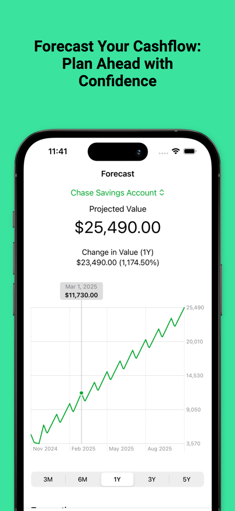 Uno schermo di iPhone che mostra una proiezione del saldo del conto di risparmio con un grafico a linee in tendenza verso l'alto nell'app Money.io