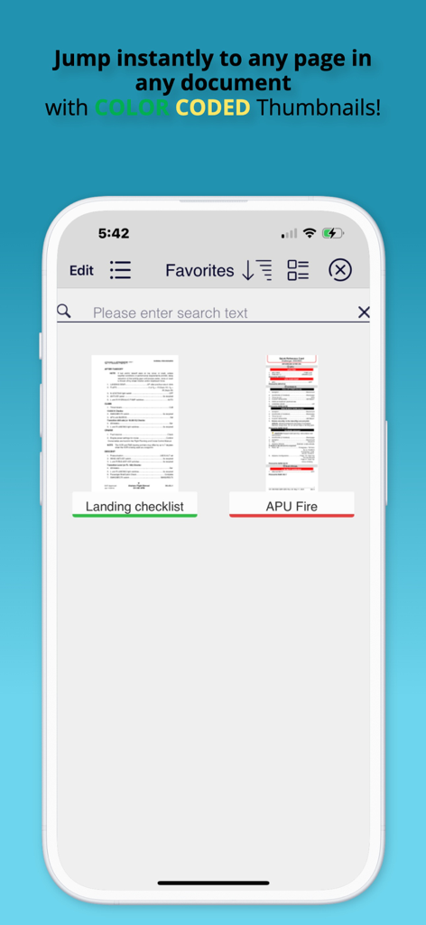 Pantalla de favoritos de la aplicación Bombardier Flight Deck 3 con miniaturas de documentos codificadas por colores