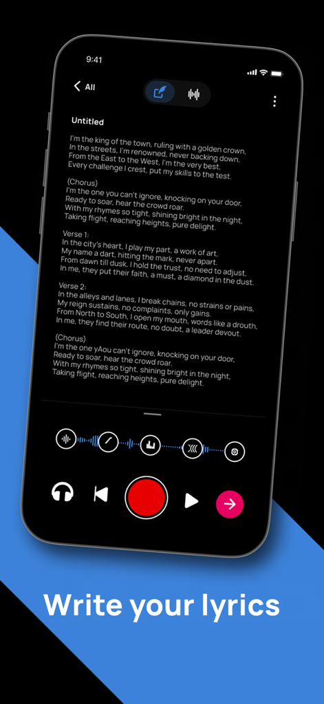 A smartphone showing the Voloco app lyrics pad with written rap lyrics and professional vocal recording controls