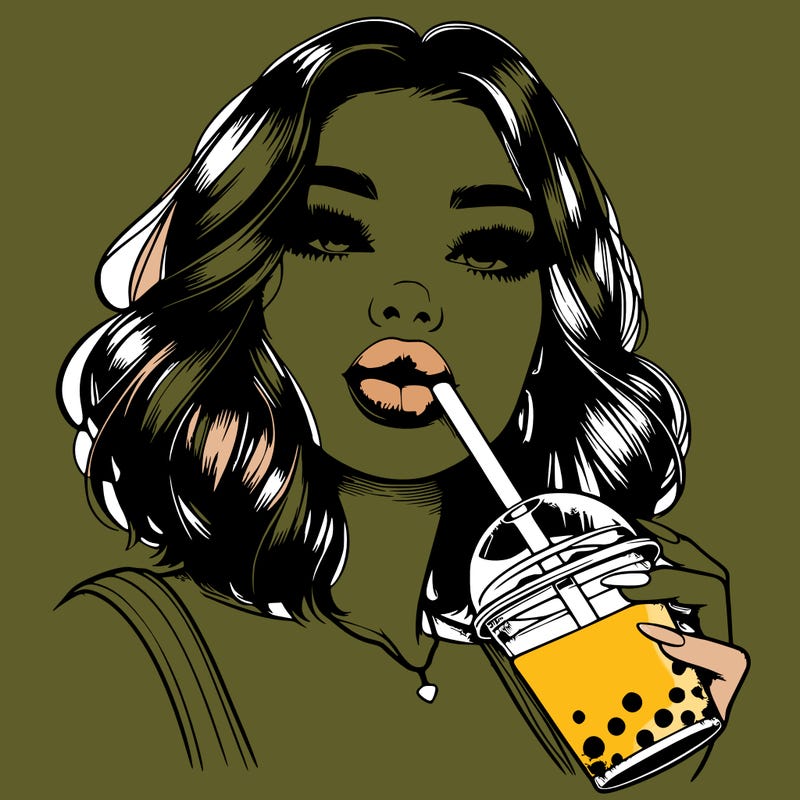 realistic girl with glossy lips holding boba
