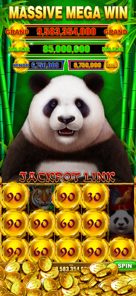 Pantalla del juego móvil Slots Riches mostrando una mega ganancia masiva con un personaje de panda.