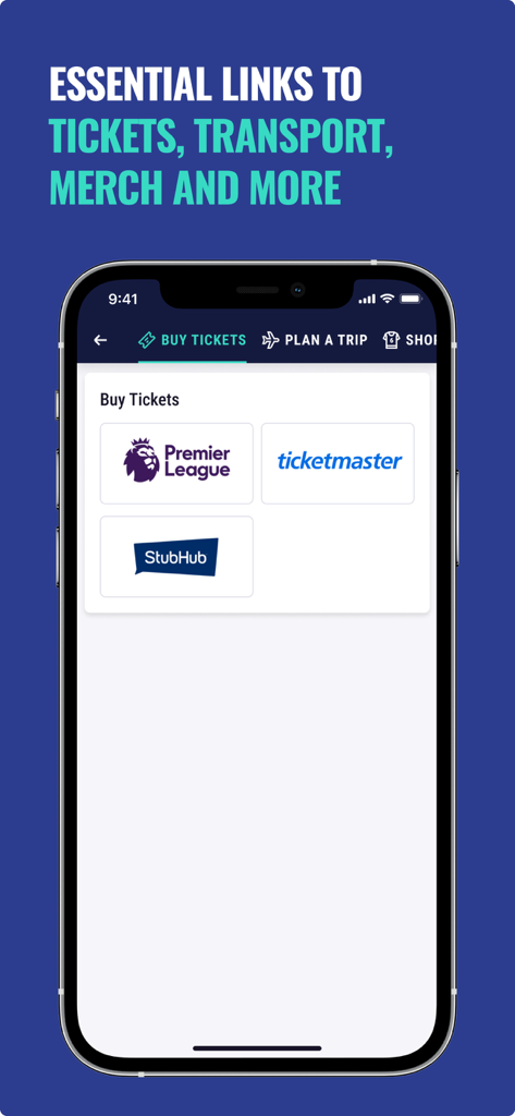 Fixture Calendar app screen showing ticket purchase options for sports events including Premier League Ticketmaster and StubHub