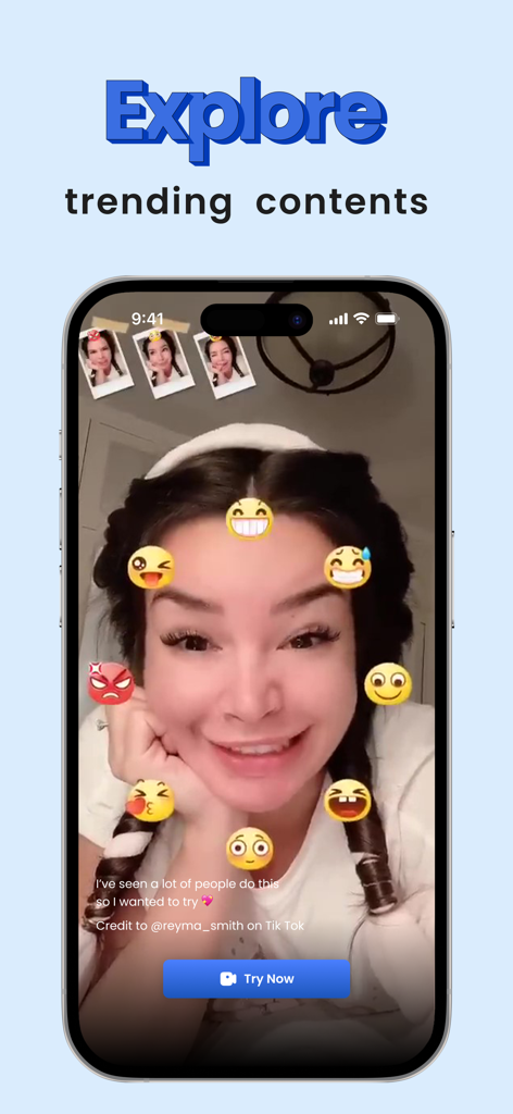 Funmoji: Funny face filters - 사용자가 인기 있는 이모지 얼굴 필터 챌린지를 시도하는 Funmoji 앱 인터페이스를 보여주는 화면