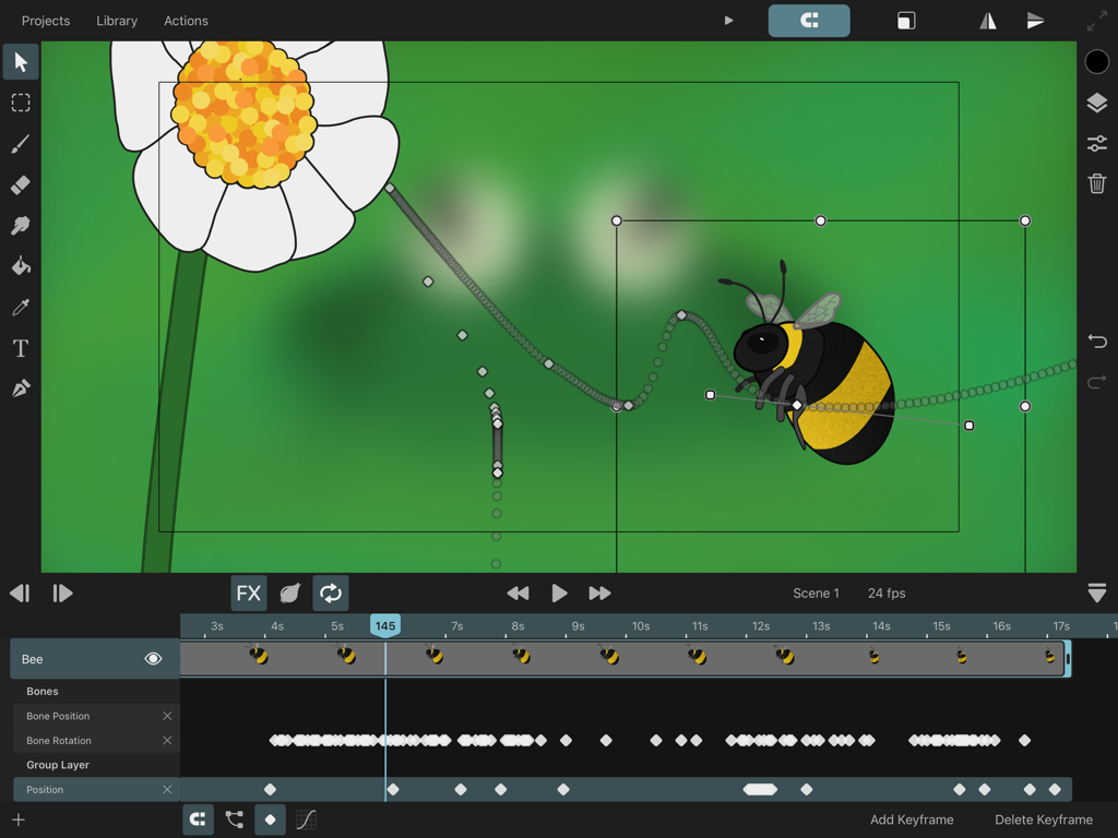 ToonSquid app interface showing a bee animation with a motion path and timeline keyframes