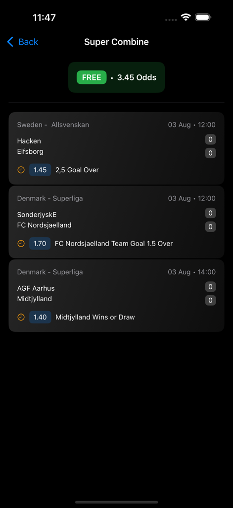 BetSpark - Betting Tips - Interfaz de la aplicación móvil BetSpark que muestra consejos de apuestas de IA gratuitos de fútbol y cuotas para un boleto combinado súper