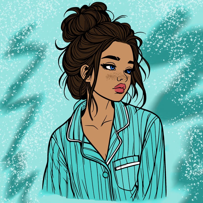 realistic woman with pajamas on and a messy bun