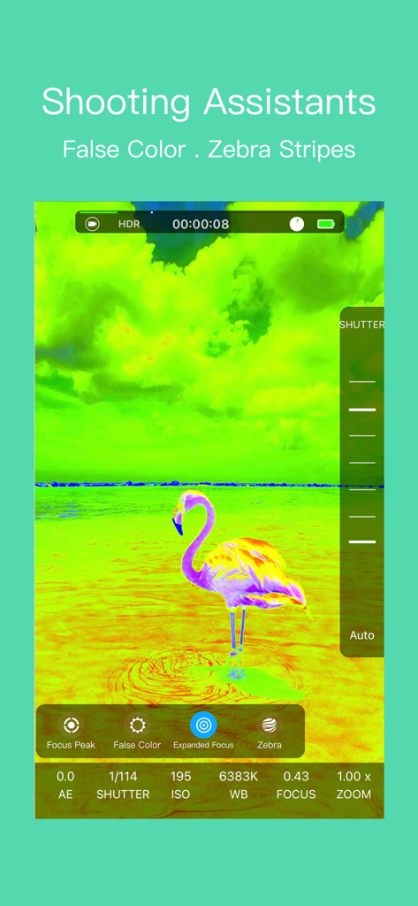 RCam Pro - Manual Camera & RAW - Interface of RCam Pro camera app displaying false color exposure assistant on a flamingo