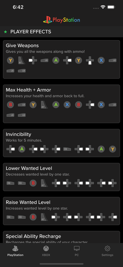 GTA Vのプレイヤー効果チートコードを表示するモバイルアプリ画面、武器や体力など