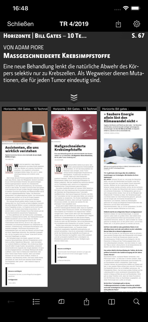 MIT Technology Review DE - Interface de magazine numérique de MIT Technology Review DE montrant un article sur les vaccins contre le cancer
