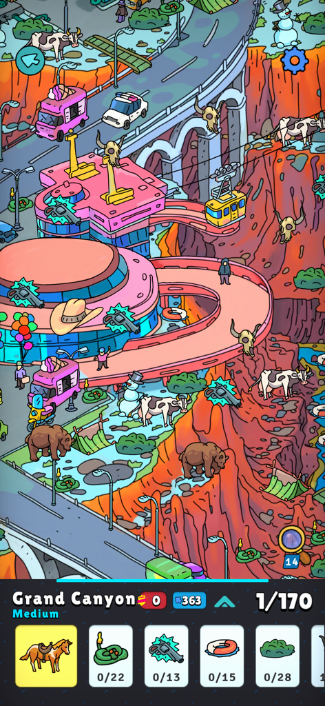 Hidden Objects - Adventure - Gameplay screenshot of Hidden Objects Adventure showing a colorful cartoon Grand Canyon level with a list of items to find.