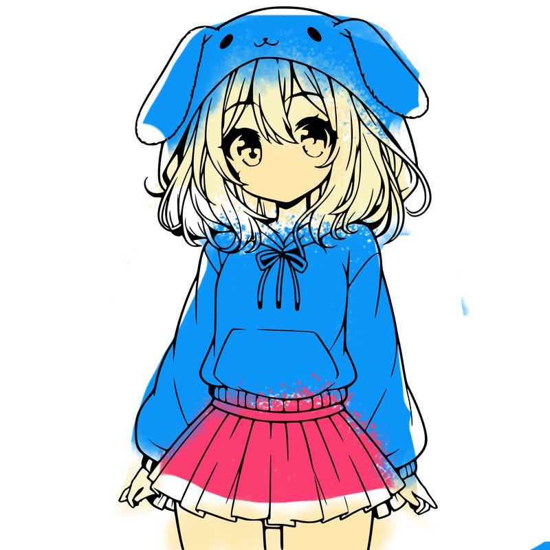 pretty anime girl wearing a fluffy hoodie with bunny ears on the hood and a skirt