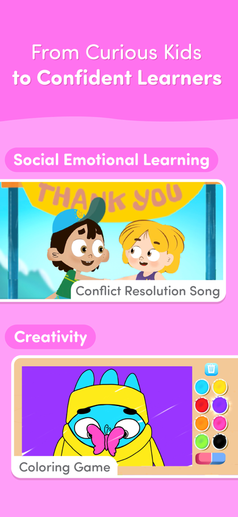 Wonjo Kids Learning Games - Una captura de pantalla de la aplicación Wonjo Kids que destaca el aprendizaje socioemocional con una canción de resolución de conflictos y la creatividad con un juego de colorear.
