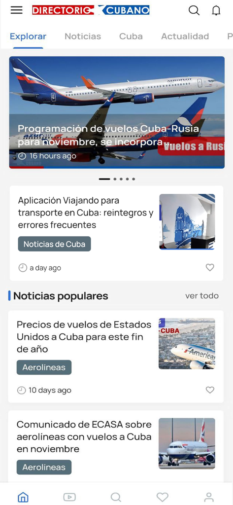 Interfaz de la aplicación Directorio Cubano mostrando horarios de vuelos y noticias sobre Cuba