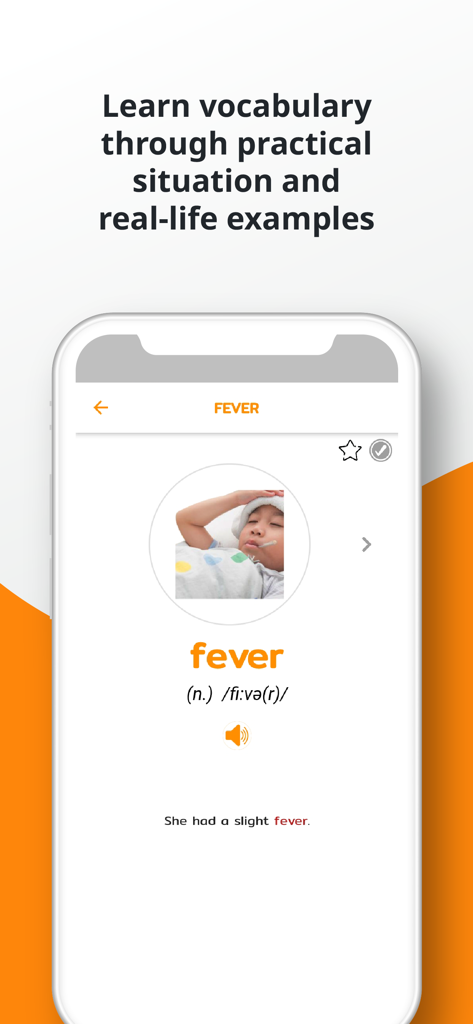 PORO - English Vocabulary - A mobile app screen showing an English vocabulary lesson for the word fever with a picture and phonetic pronunciation.