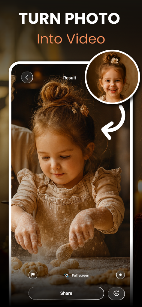 Artimind app interface showing a nostalgic photo of a young girl being transformed into a lifelike AI video