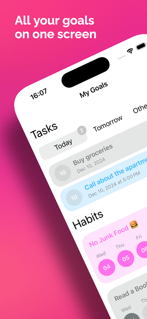 Goal: Habits & Tasks - Mobile app screen for Goal showing tasks and habits lists on a pink background