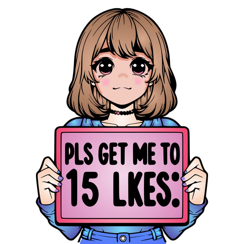 realistic girl holding up a sign that says “pls get me to 15 likes!”