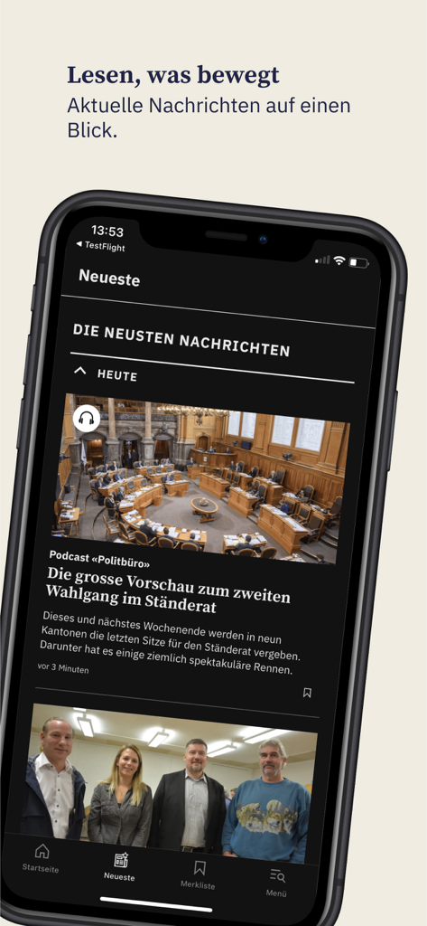 BZ Thuner Tagblatt - A smartphone screen displaying the latest news feed and a political podcast in the BZ Thuner Tagblatt mobile app