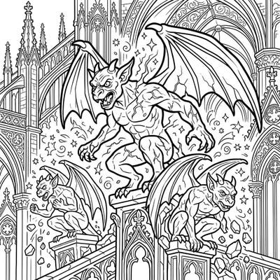 Discover the drama of awakened gargoyles coming to life on this captivating coloring page. Perfect for seniors, it features clear lines and intricate gothic details for a relaxing creative escape.