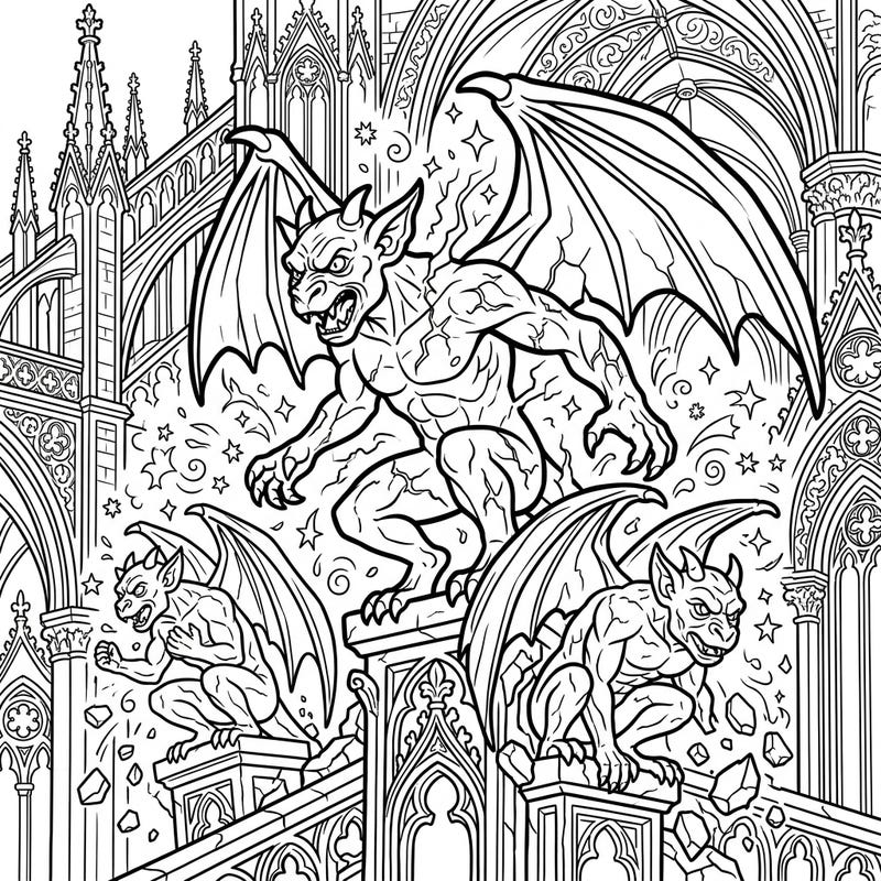 Discover the drama of awakened gargoyles coming to life on this captivating coloring page. Perfect for seniors, it features clear lines and intricate gothic details for a relaxing creative escape.