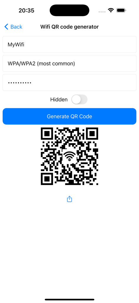 NetTools - Network Toolbox - Oberfläche des Wifi-QR-Code-Generators in der NetTools-App mit Netzwerkdetails und einem generierten scannbaren Code