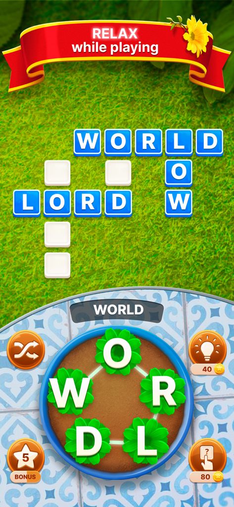 Word Garden : Crosswords - Word Garden Kreuzworträtsel-Gameplay mit einem Kreuzworträtselgitter und einem Blumen-Buchstabenrad auf einem Rasenhintergrund.