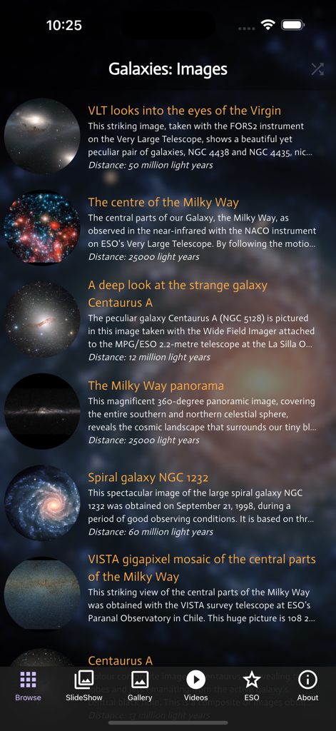 Galaxies: Spectacular - Lista de imagens e descrições de galáxias na seção de navegação do aplicativo Galáxias Espetacular.