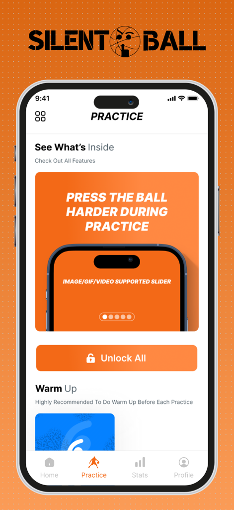 SilentBall Coach - SilentBall Coach mobile app practice screen showing basketball training drills and feature highlights