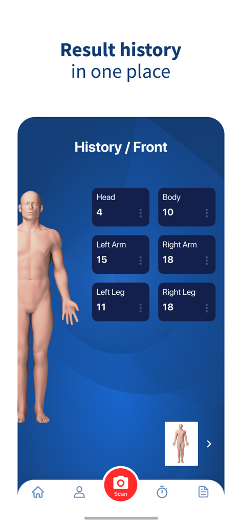 AI Dermatologist: Skin Scanner - Interface de registro de mapa corporal e histórico de escaneamento no aplicativo AI Dermatologist