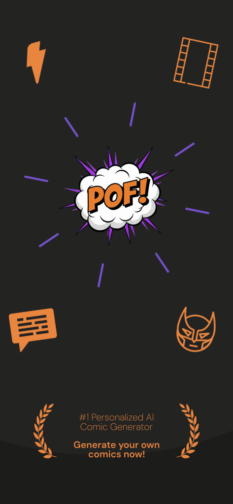 POF: Comic Maker - Intro screen for the POF Comic Maker app featuring a comic style logo and personalized AI comic generator tagline.