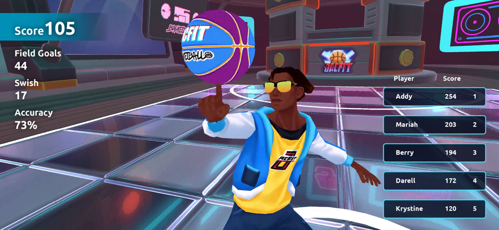 Jacfit - A person's avatar playing a gamified basketball motion game in the Jacfit app