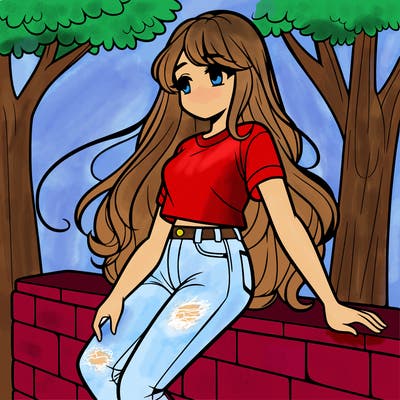 a girl with long hair with a tshirt and jeans on leaning on a wall looking at a tree