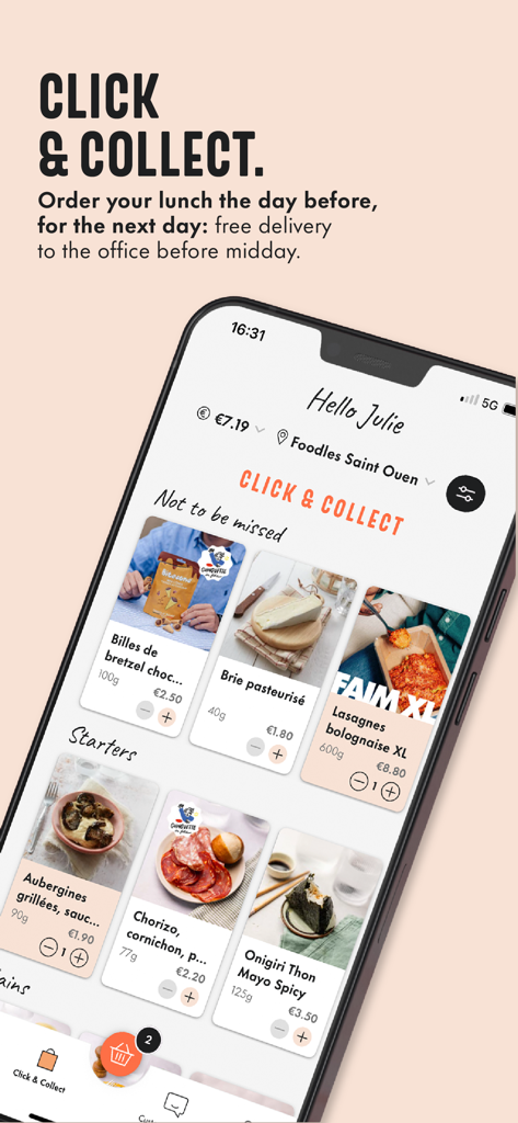 Foodles - Schermata dell'app mobile Foodles che mostra il menu Click and Collect per ordinare pranzi in ufficio