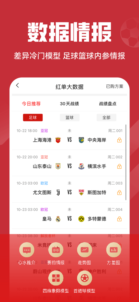 Interfaz de la aplicación Crazy Red Ticket que muestra big data deportivo y análisis de partidos de fútbol y baloncesto.