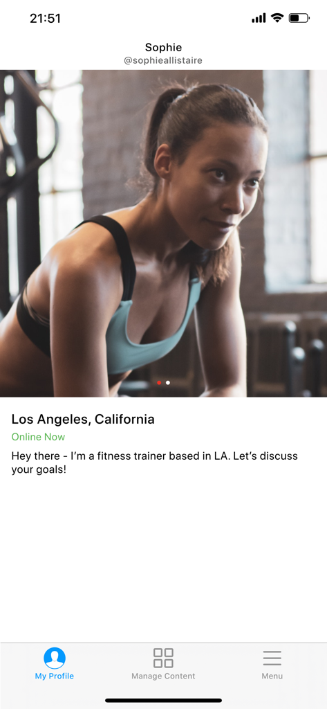 Alua Creators - A fitness trainer profile on the Alua Creators mobile app