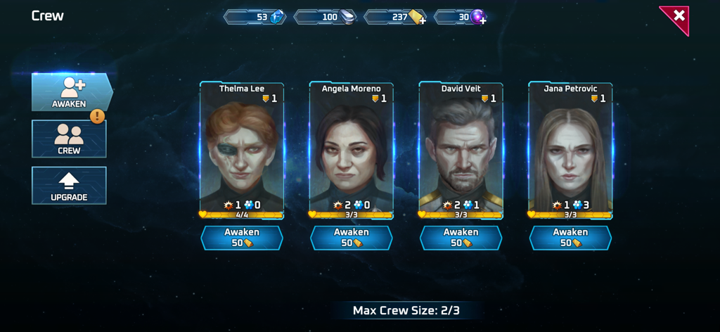 Sol Frontiers - Idle Strategy - Crew management screen in Sol Frontiers showing character portraits and awakening options for space exploration