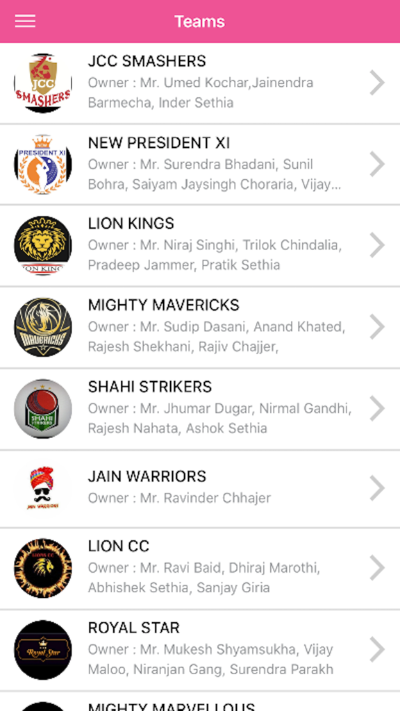 My Cricket App-Local Tournment - Une liste des équipes de tournoi de cricket locales et de leurs propriétaires sur l'écran de l'application