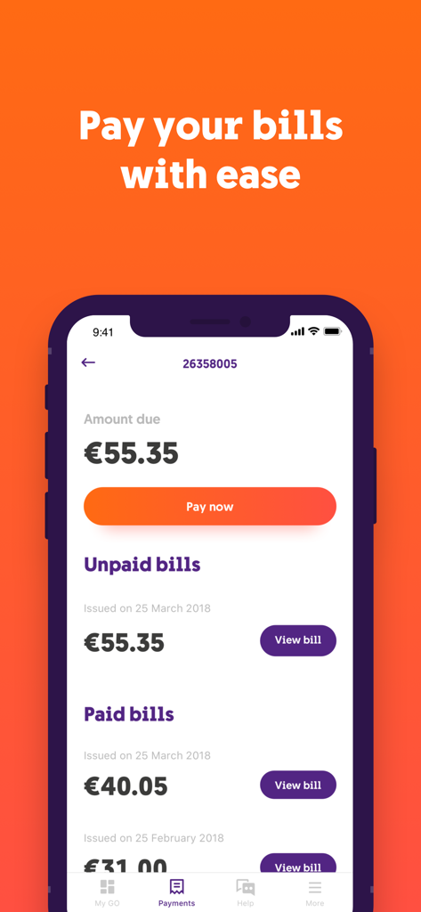 Interface of the GO telecom app showing bill payment options and transaction history.