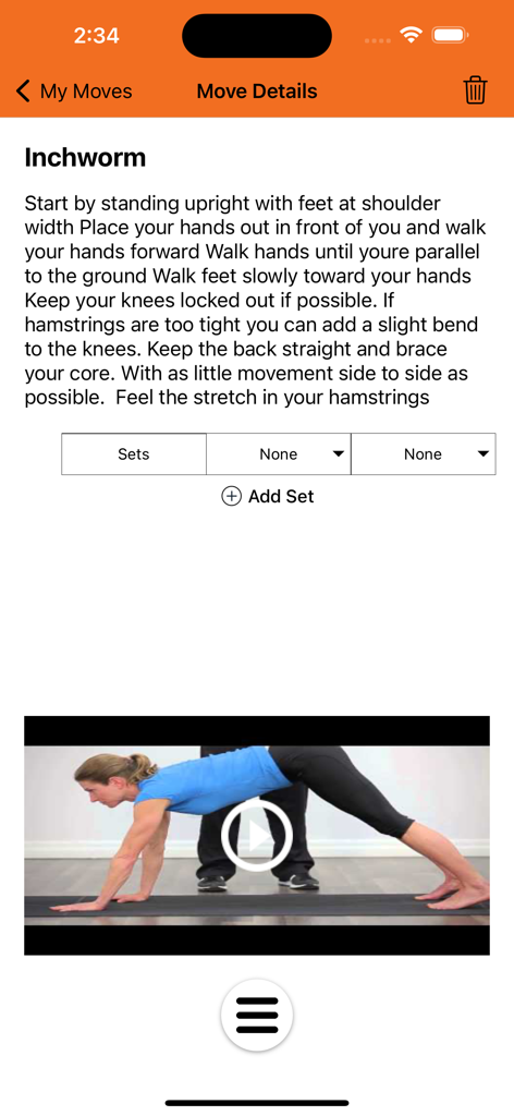 REPTS+ - REPTS plus mobile App-Bildschirm mit Anleitungen und einer Videovorführung für die Inchworm-Übung.