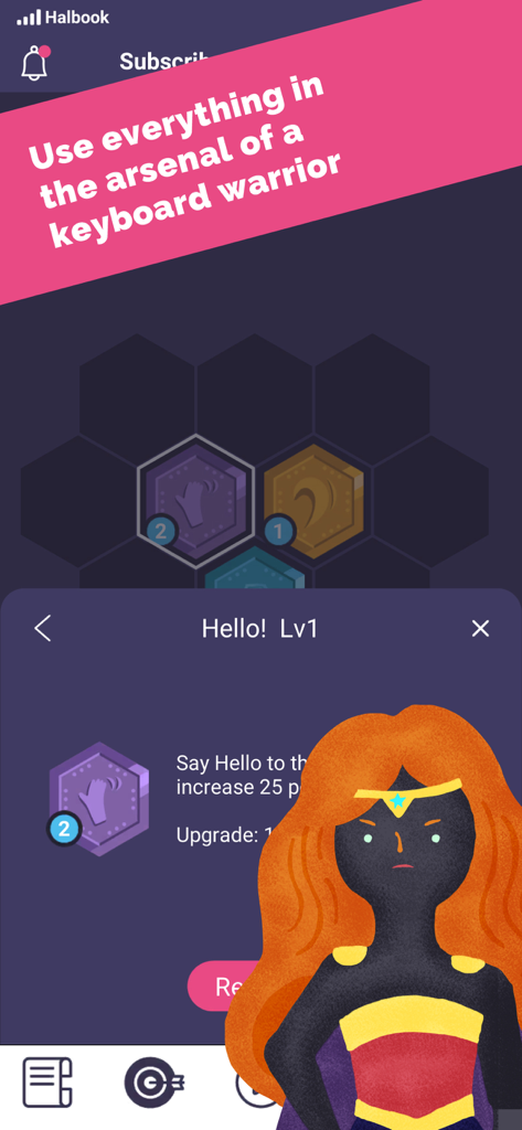 Subscribe to My Adventure - Interface of the game showing skill management for a keyboard warrior with a stylized superhero character