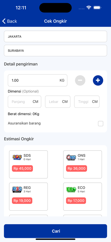 Tiki - Tiki app interface showing shipping cost estimates and delivery options between Jakarta and Surabaya