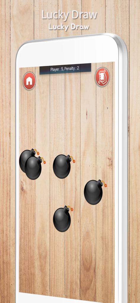 Lucky Draw - Draw Straws - Lucky Draw app bomb game interface for social decision making on a wooden background