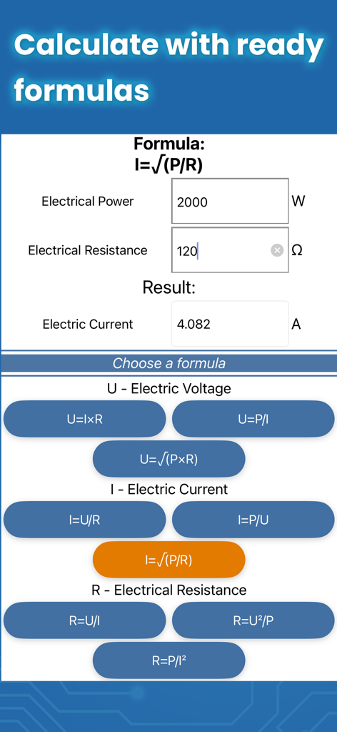 Electrician Handbook — Basics - Mobile interface showing an electrical calculator with formulas for power current and resistance